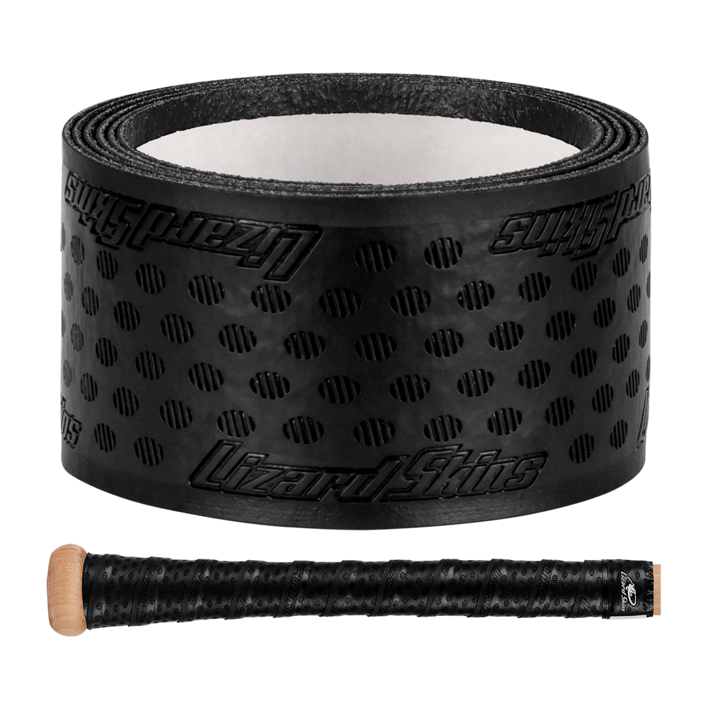 A roll of Lizard Skins DSP Ultra Solid 1.1mm Bat Grip in black, featuring a textured, dotted pattern, is displayed above a bat handle wrapped with the same grip, set against a plain light gray background.