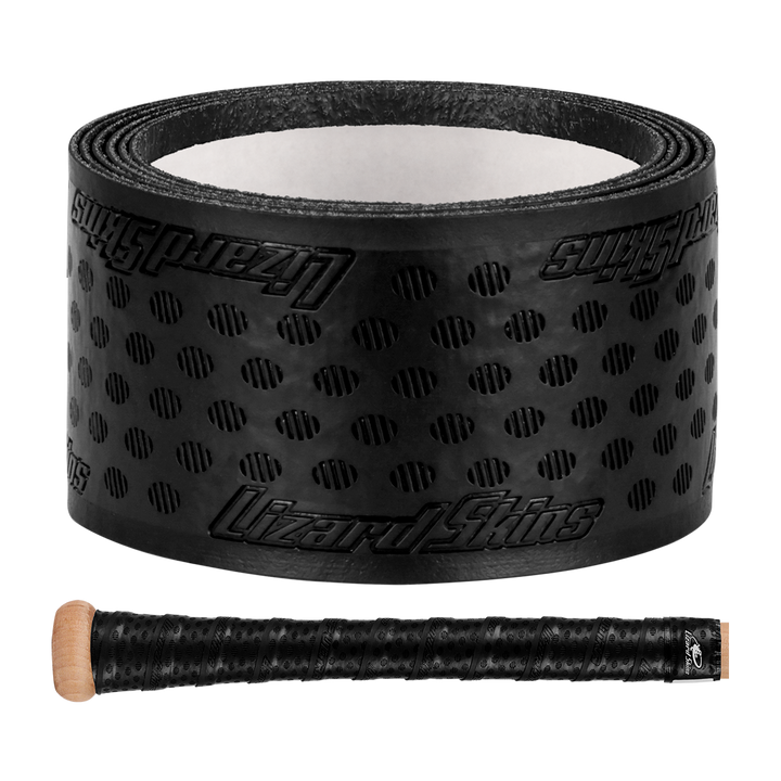 A roll of Lizard Skins DSP Ultra Solid 1.1mm Bat Grip in black, featuring a textured, dotted pattern, is displayed above a bat handle wrapped with the same grip, set against a plain light gray background.