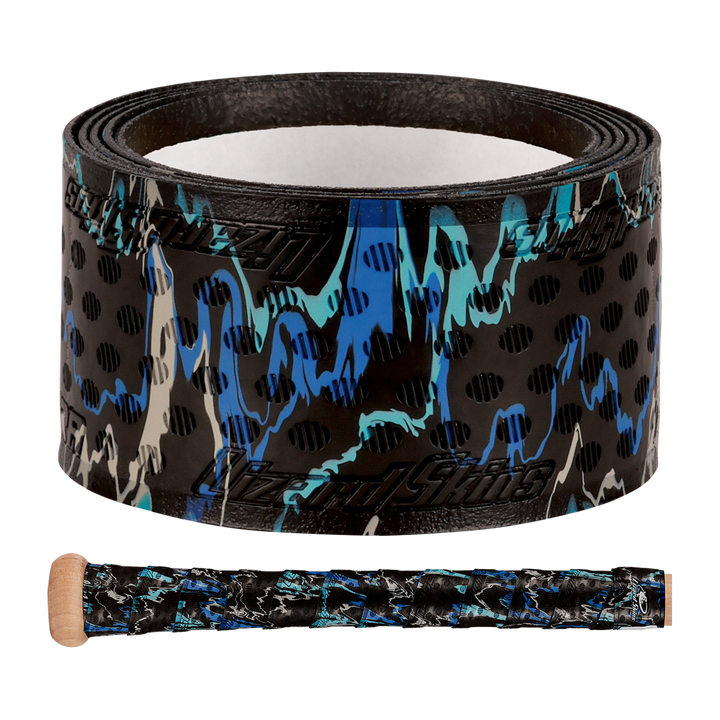 Lizard Skins DSP Ultra Camo 1.1mm Bat Grip in black and blue, shown on a bat.