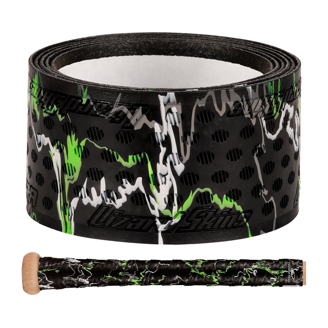 The Lizard Skins DSP Ultra Camo 1.1mm Bat Grip from Lizard Skins features green, white, and gray streaks, a perforated texture, and a glossy finish, shown coiled and wrapped around a bat handle.