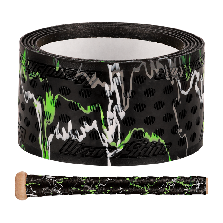 The Lizard Skins DSP Ultra Camo 1.1mm Bat Grip from Lizard Skins features green, white, and gray streaks, a perforated texture, and a glossy finish, shown coiled and wrapped around a bat handle.