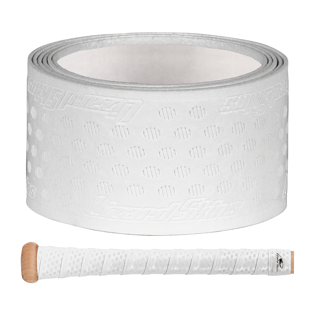 A Lizard Skins DSP Ultra Solid 1.1mm Bat Grip—white, textured, and perforated—is shown above a wooden-handled item wrapped in the same branded grip tape.