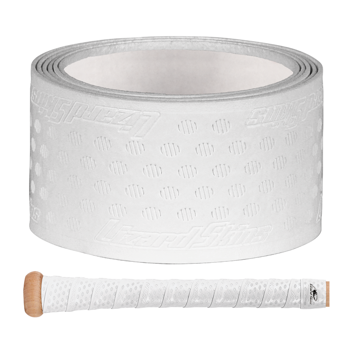 A Lizard Skins DSP Ultra Solid 1.1mm Bat Grip—white, textured, and perforated—is shown above a wooden-handled item wrapped in the same branded grip tape.