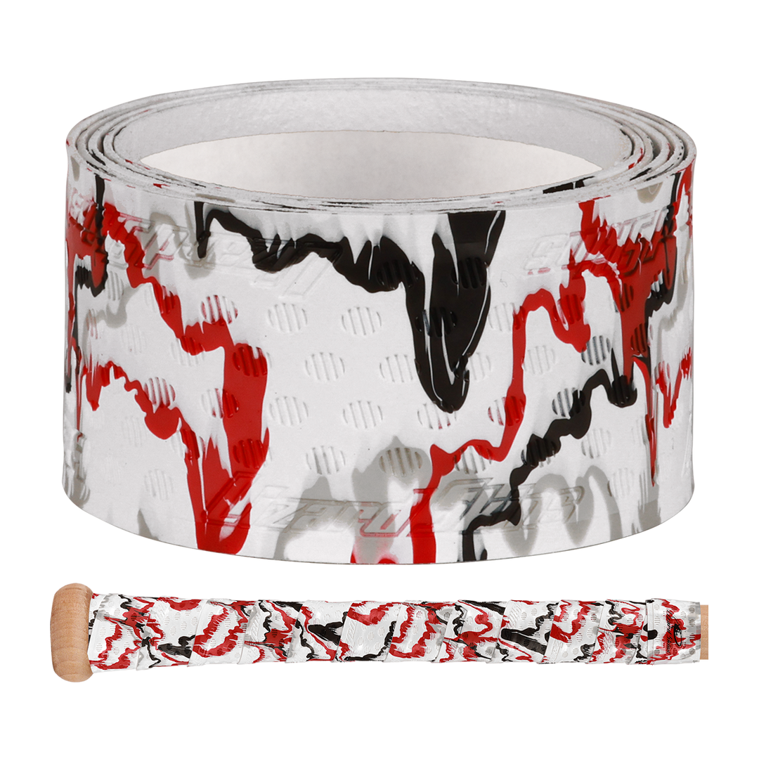 A roll of Lizard Skins DSP Ultra Camo 1.1mm Bat Grip in white with a black and red abstract pattern, shown beside a bat handle wrapped with the same Lizard Skins polymer grip.