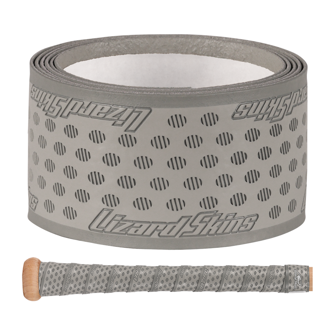 A roll of Lizard Skins DSP Ultra Solid 1.1mm Bat Grip in gray, inspired by their bat grip tech, features a dotted pattern and is shown above a bike handlebar wrapped in the same tape with a wooden bar end plug.