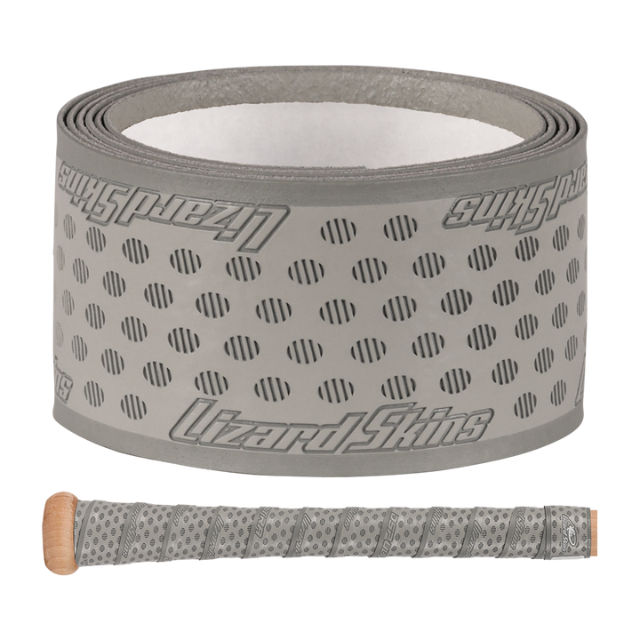 A roll of Lizard Skins DSP Ultra Solid 1.1mm Bat Grip in gray, inspired by their bat grip tech, features a dotted pattern and is shown above a bike handlebar wrapped in the same tape with a wooden bar end plug.