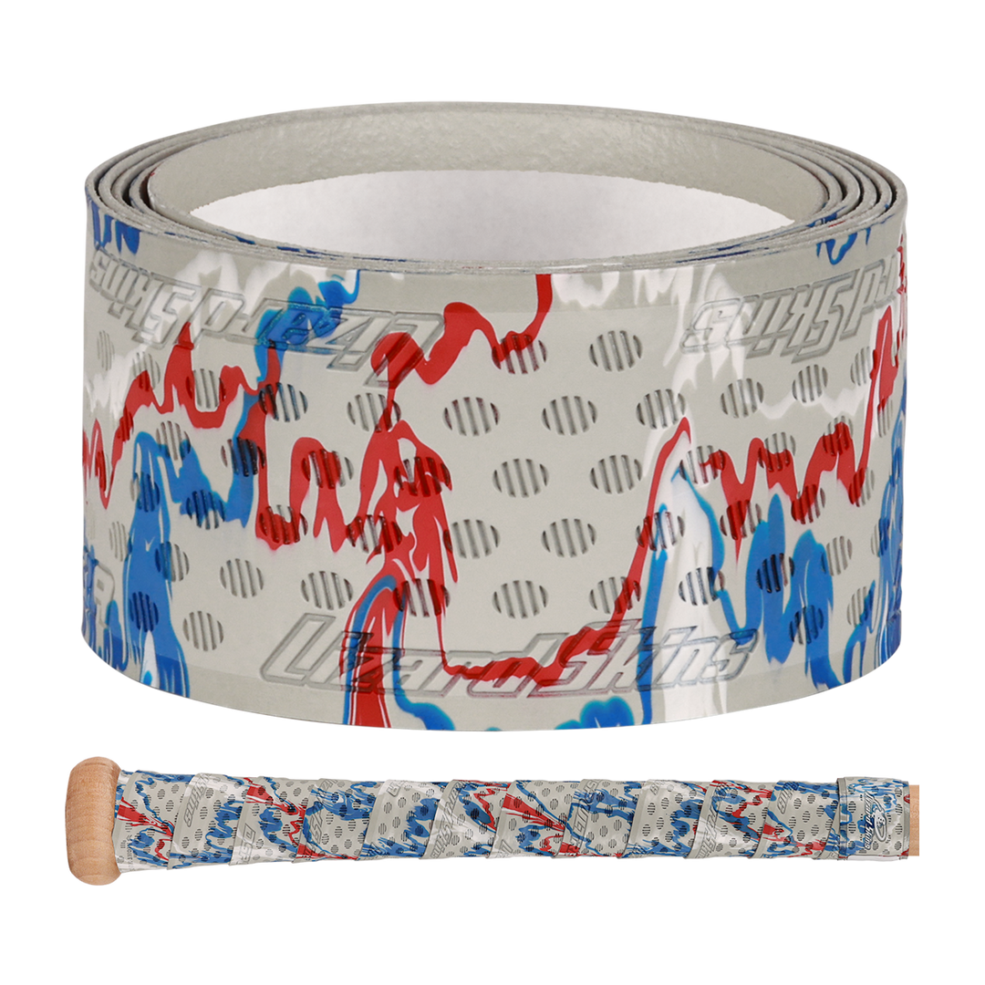 A roll of Lizard Skins DSP Ultra Camo 1.1mm Bat Grip, featuring a white base with blue and red wavy lines and gray dots; below, a wooden bat handle is wrapped with the same Lizard Skins grip.