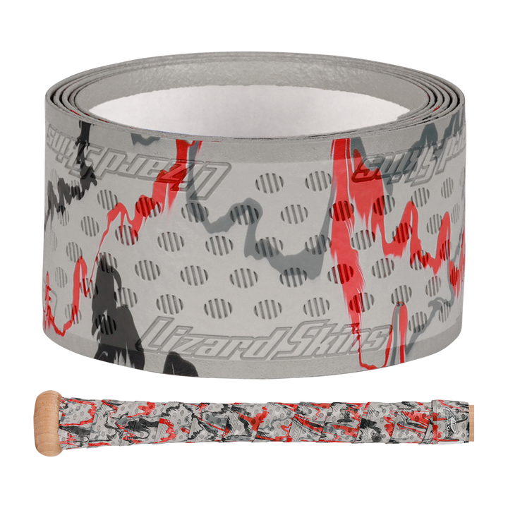 A Lizard Skins DSP Ultra Camo 1.1mm Bat Grip with gray, black, and red camouflage is displayed above a wooden baseball bat handle wrapped in the same Lizard Skins polymer grip.
