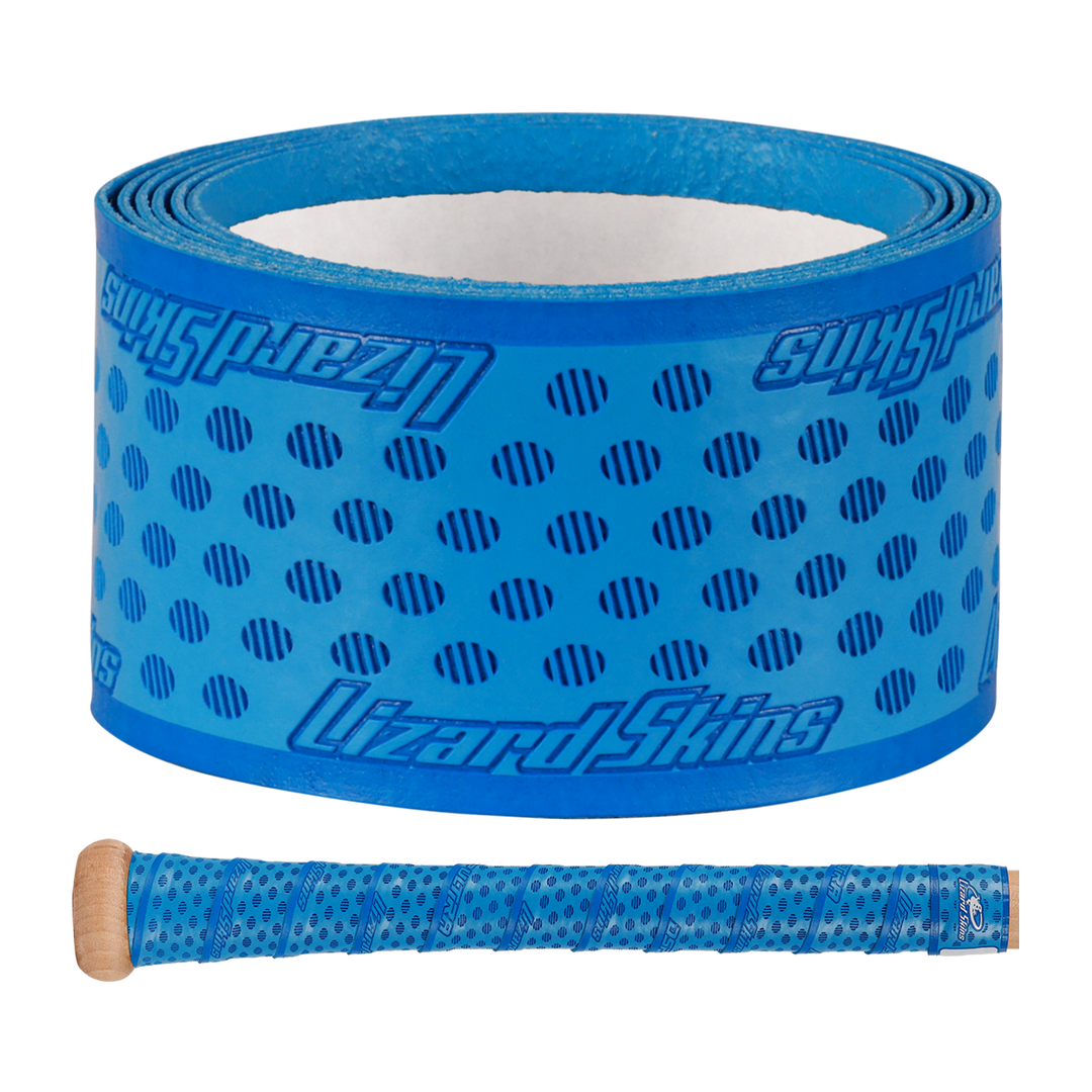 A roll of Lizard Skins DSP Ultra Solid 1.1mm Bat Grip is shown above a baseball bat handle wrapped with the same Lizard Skins bat grip.