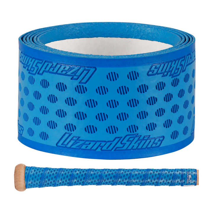 A roll of Lizard Skins DSP Ultra Solid 1.1mm Bat Grip is shown above a baseball bat handle wrapped with the same Lizard Skins bat grip.