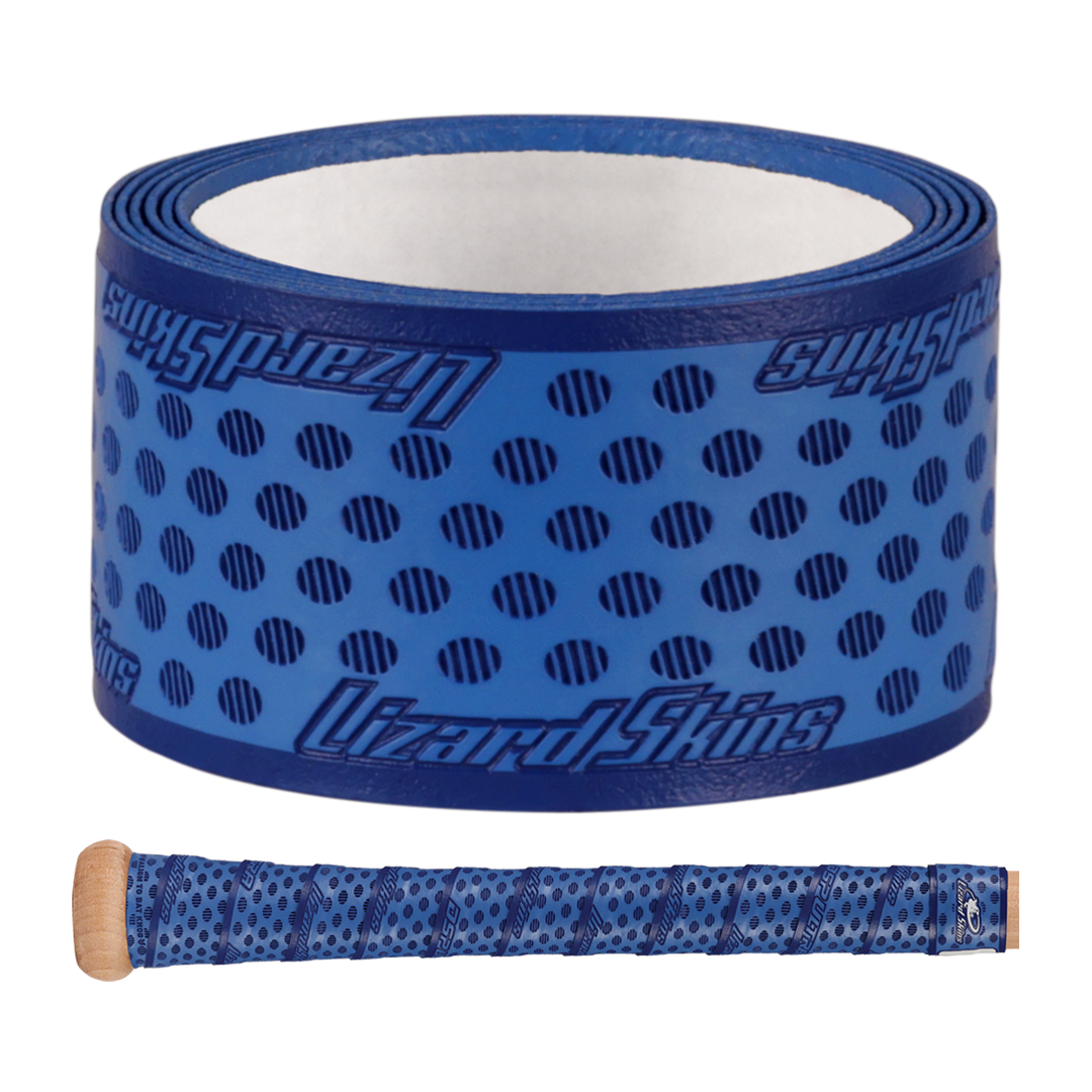 A roll of Lizard Skins DSP Ultra Solid 1.1mm Bat Grip in blue is shown, featuring a black dot and stripe pattern, with a close-up below displaying the grip tape wrapped around a bat handle.