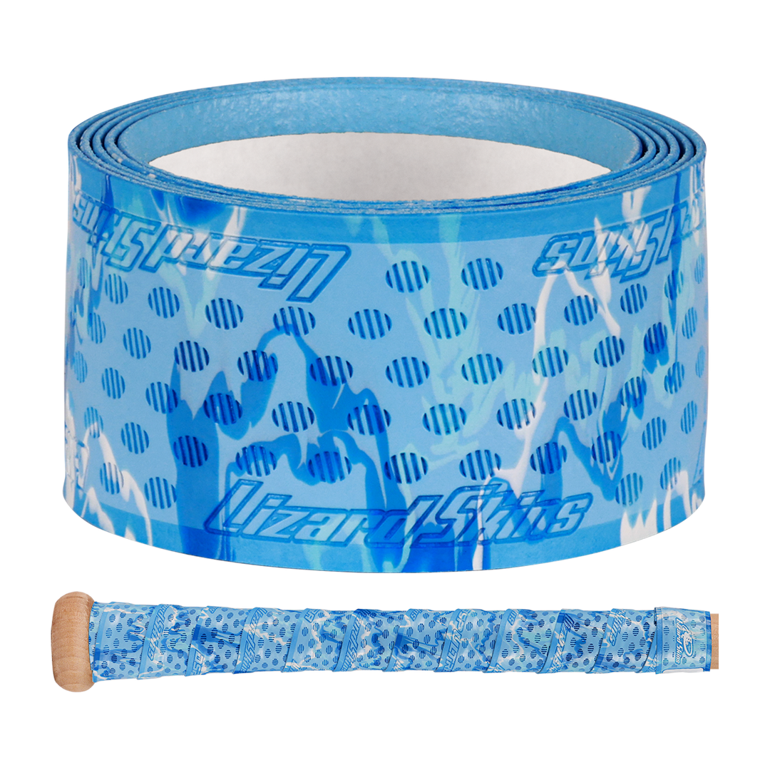 The Lizard Skins DSP Ultra Camo 1.1mm Bat Grip features a blue design with lighter blue and white spots, inspired by their popular bat grip style. Shown here wrapped around a bicycle handlebar.