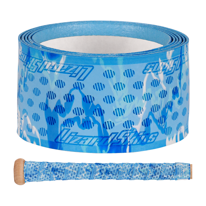 The Lizard Skins DSP Ultra Camo 1.1mm Bat Grip features a blue design with lighter blue and white spots, inspired by their popular bat grip style. Shown here wrapped around a bicycle handlebar.