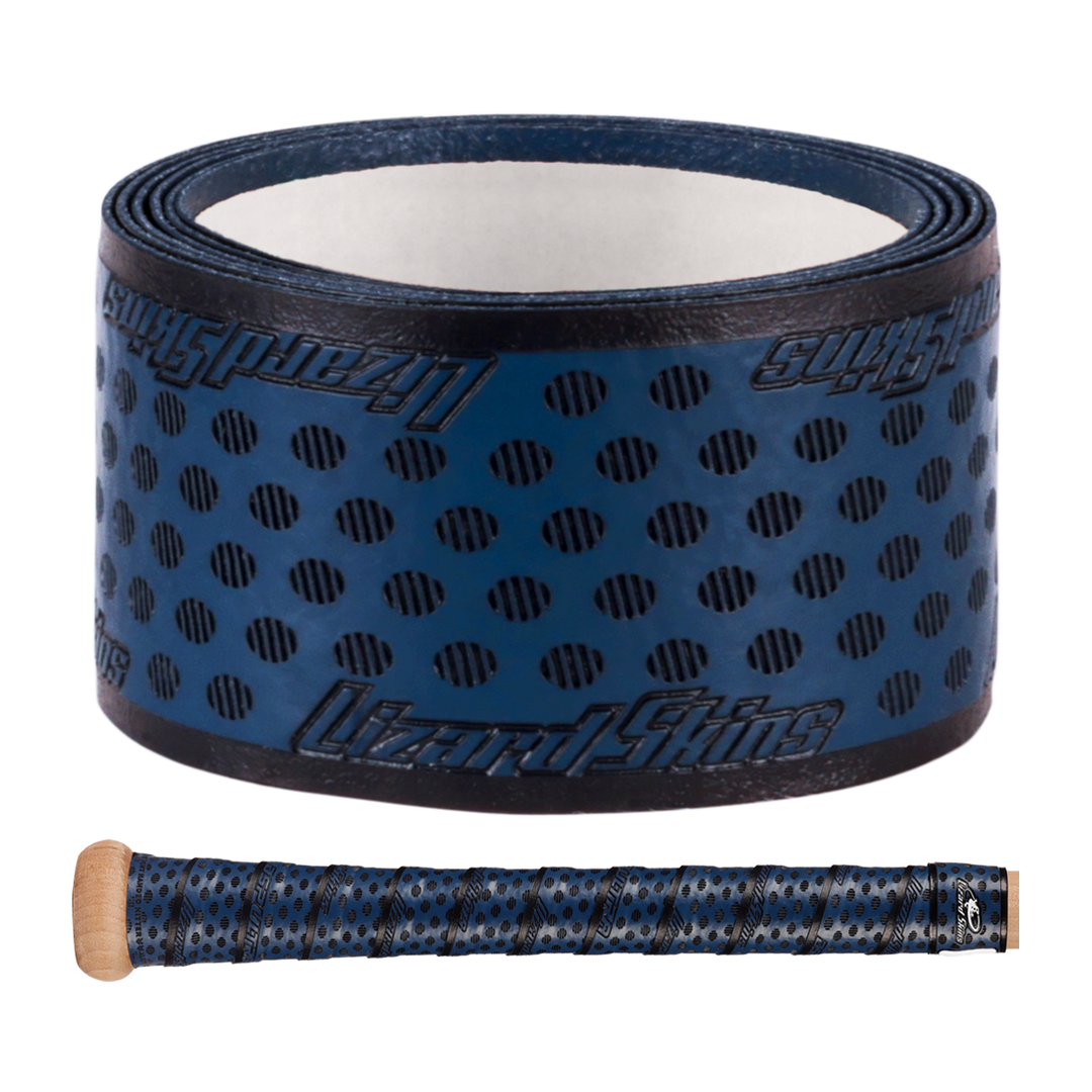 The Lizard Skins DSP Ultra Solid 1.1mm Bat Grip is a rolled-up blue and black polymer grip with perforations and Lizard Skins branding, shown above an image of the tape on a bat handle.