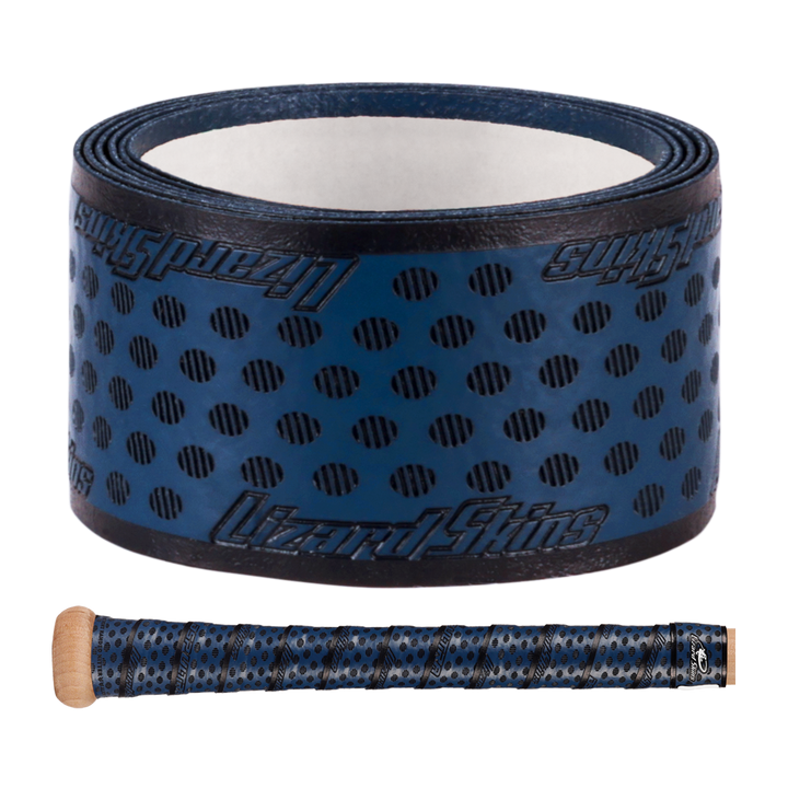 The Lizard Skins DSP Ultra Solid 1.1mm Bat Grip is a rolled-up blue and black polymer grip with perforations and Lizard Skins branding, shown above an image of the tape on a bat handle.
