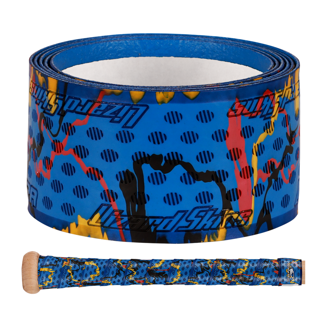 A Lizard Skins DSP Ultra Camo 1.1mm Bat Grip in blue features a striking black, red, and yellow pattern. The wooden bat handle is wrapped with this eye-catching grip from Lizard Skins.