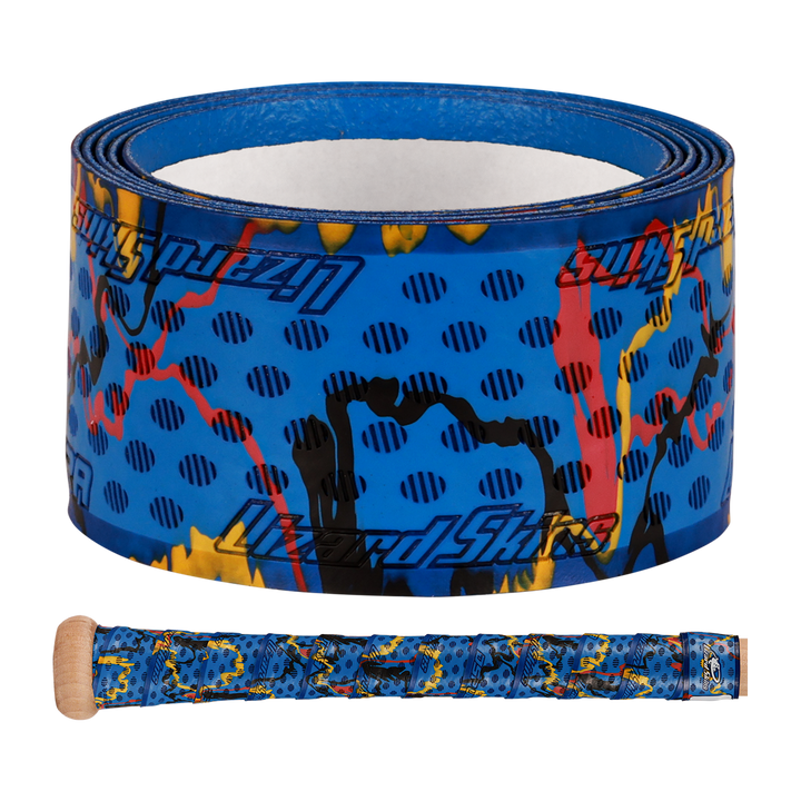 A Lizard Skins DSP Ultra Camo 1.1mm Bat Grip in blue features a striking black, red, and yellow pattern. The wooden bat handle is wrapped with this eye-catching grip from Lizard Skins.