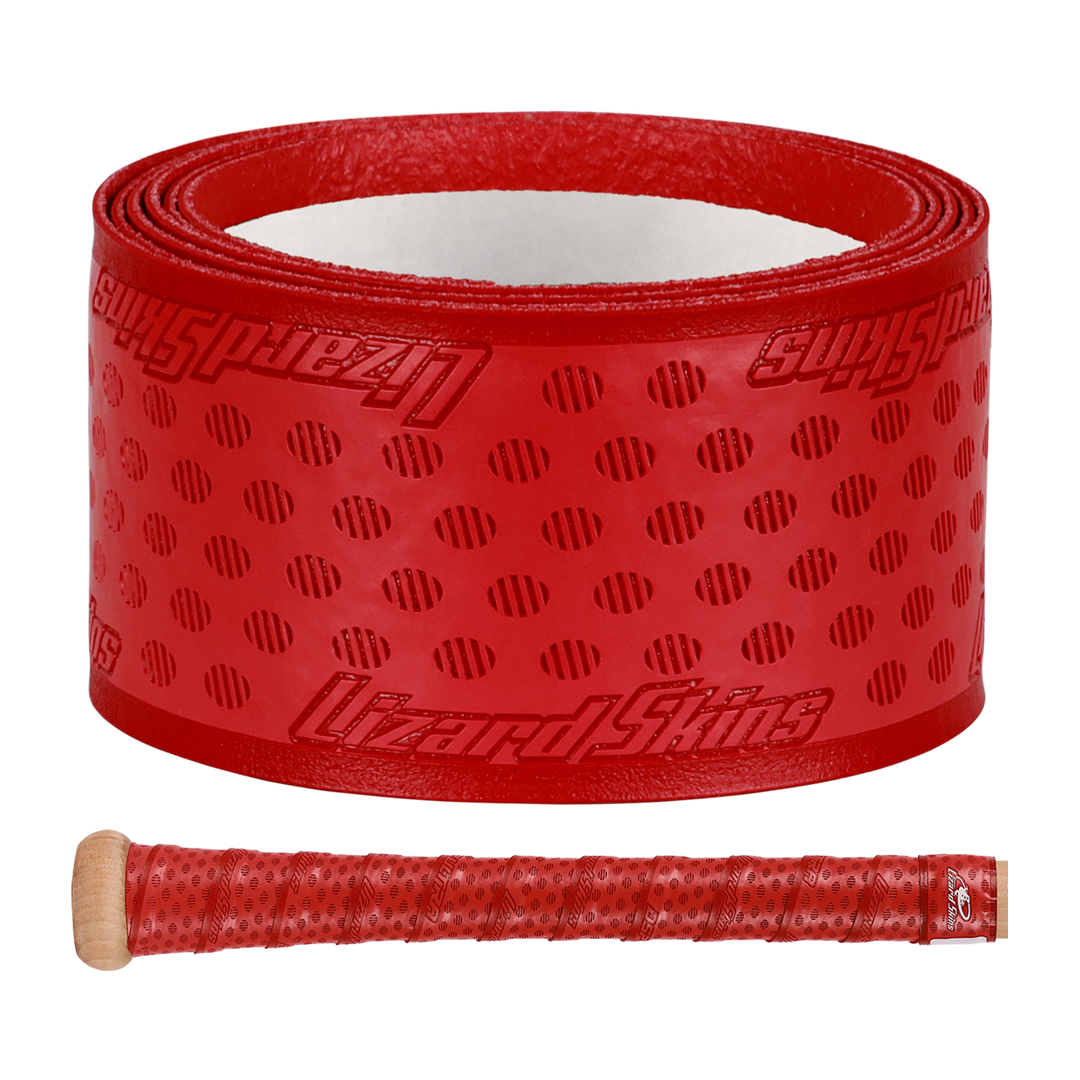 The Lizard Skins DSP Ultra Solid 1.1mm Bat Grip in red features a textured, dotted pattern. Below, a bat handle is wrapped with the grip, displaying its appearance when applied.