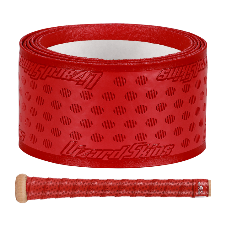 The Lizard Skins DSP Ultra Solid 1.1mm Bat Grip in red features a textured, dotted pattern. Below, a bat handle is wrapped with the grip, displaying its appearance when applied.