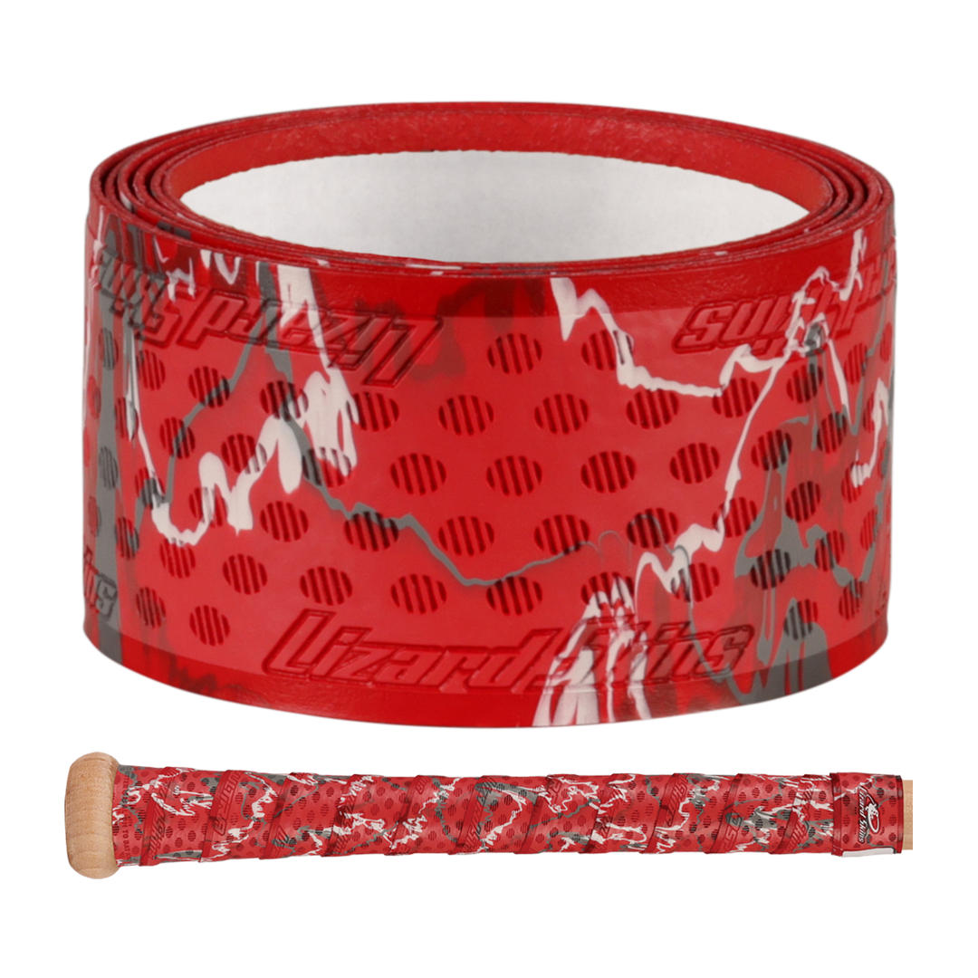 A Lizard Skins DSP Ultra Camo 1.1mm Bat Grip in red with gray and white accents wraps around a baseball bat handle, showcasing the Lizard Skins brand name in a close-up view.