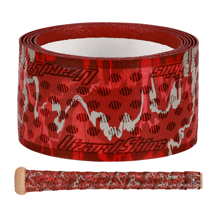 A roll of Lizard Skins DSP Ultra Camo 1.1mm Bat Grip is shown above a bat handle wrapped with the same red, black, and white camouflage-patterned grip, featuring the Lizard Skins logo.