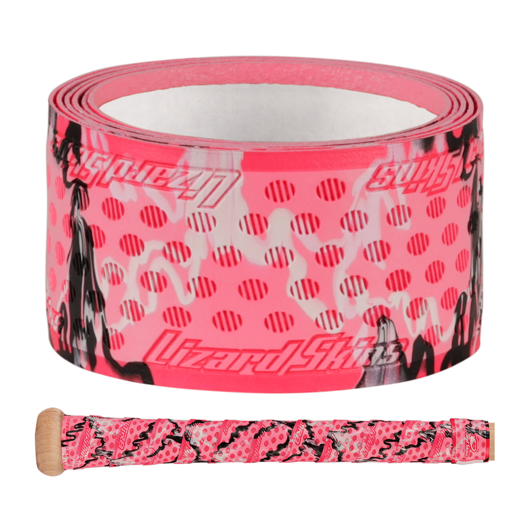A roll of pink Lizard Skins handlebar tape with black and white camo patterns—made from the same premium polymer as the Lizard Skins DSP Ultra Camo 1.1mm Bat Grip—is shown above a handlebar wrapped in matching tape.