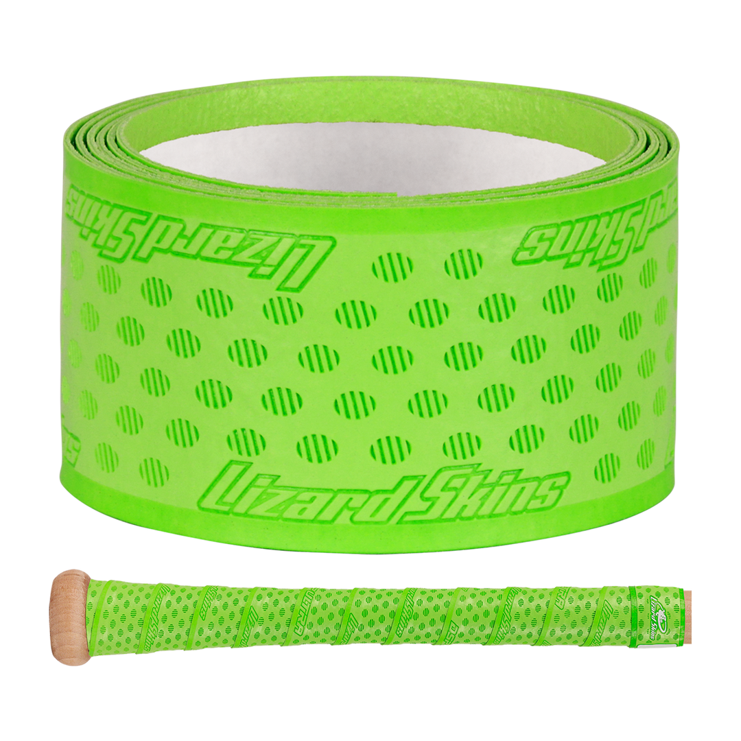 A roll of Lizard Skins DSP Ultra Solid 1.1mm Bat Grip in bright green with a dotted pattern and logo, shown next to a bat handle wrapped in the same vibrant Lizard Skins grip.
