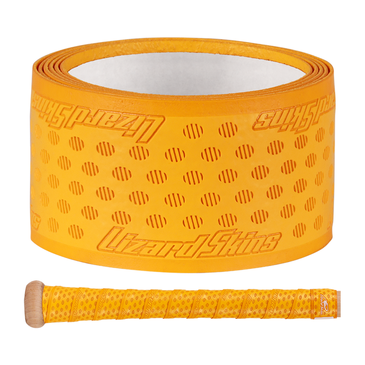 A roll of yellow Lizard Skins DSP Ultra Solid 1.1mm Bat Grip with a textured, dotted pattern is shown above a baseball bat handle wrapped in the same Lizard Skins grip.