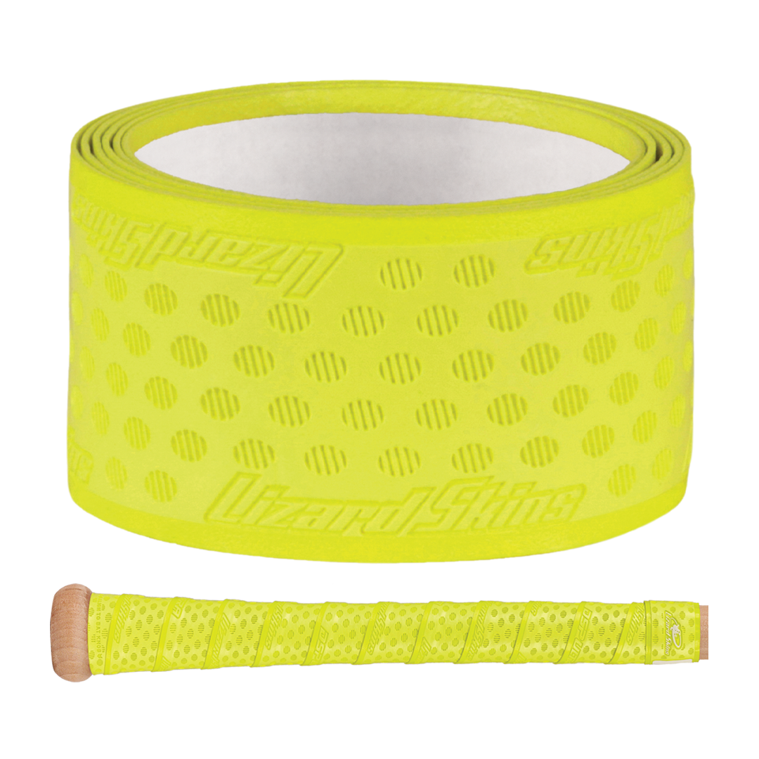 A rolled Lizard Skins DSP Ultra Solid 1.1mm Bat Grip in bright yellow, featuring small perforations and an embossed logo, is shown above a bat handle wrapped with the same grip from Lizard Skins.