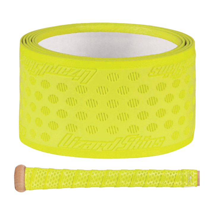 A rolled Lizard Skins DSP Ultra Solid 1.1mm Bat Grip in bright yellow, featuring small perforations and an embossed logo, is shown above a bat handle wrapped with the same grip from Lizard Skins.