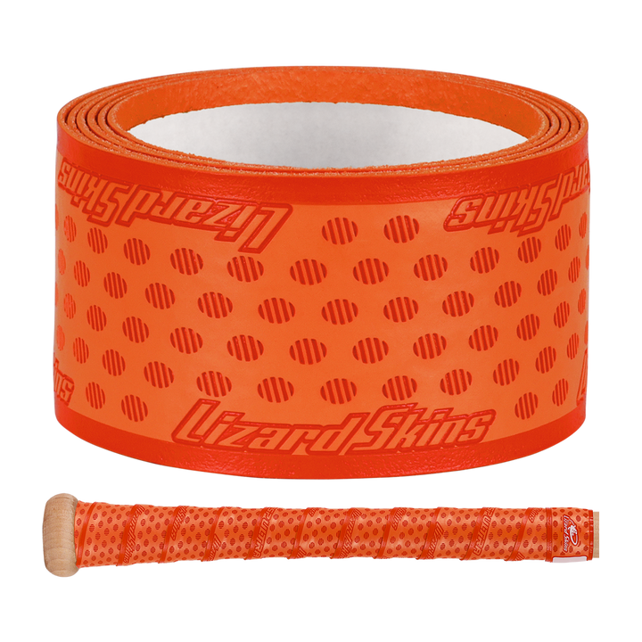 A Lizard Skins DSP Ultra Solid 1.1mm Bat Grip in orange with a dotted design and logo is displayed above a bat handle wrapped with the same Lizard Skins grip.