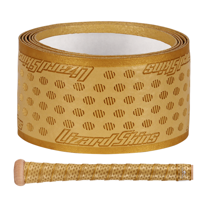 The Lizard Skins DSP Ultra Solid 1.1mm Bat Grip, shown in gold with a textured pattern, wraps around your bat handle for enhanced grip and style.