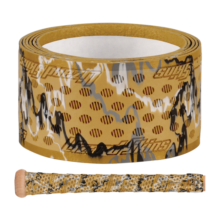 A rolled strip of Lizard Skins DSP Ultra Camo 1.1mm Bat Grip is shown above a wooden bat handle wrapped with the same Lizard Skins camouflage-patterned design.
