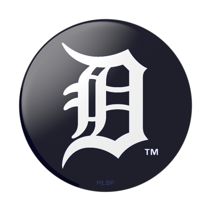The Popsockets MLB Detroit Tigers Phone Grip by Popsockets showcases a round, dark design with a bold white Old English 'D' logo, providing a secure hands-free grip for your device.