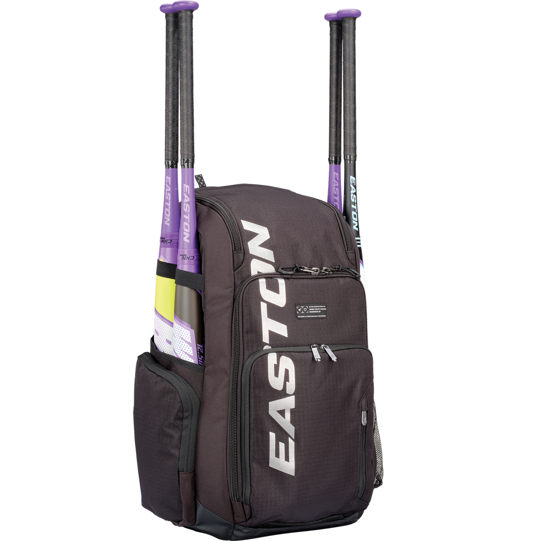 The Easton Roadhouse Backpack (EBA004) by Easton is a black baseball/softball bag featuring bold purple bat holders—perfect for players wanting a standout slowpitch gear option.