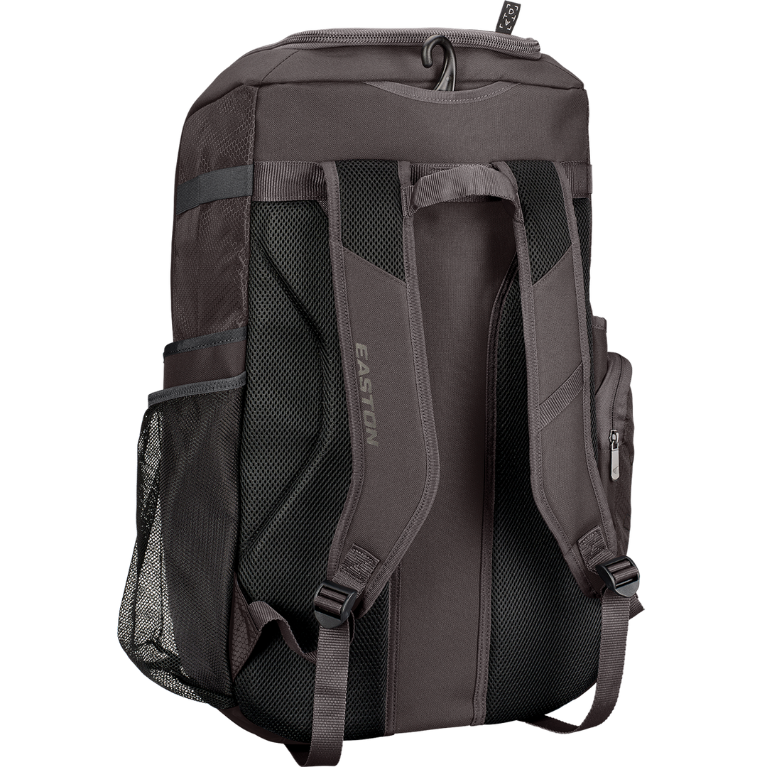 The Easton Roadhouse Backpack: EBA004 is a gray baseball/softball backpack with black mesh side pockets, adjustable padded shoulder straps, and a small zippered side pocket—shown from the back.