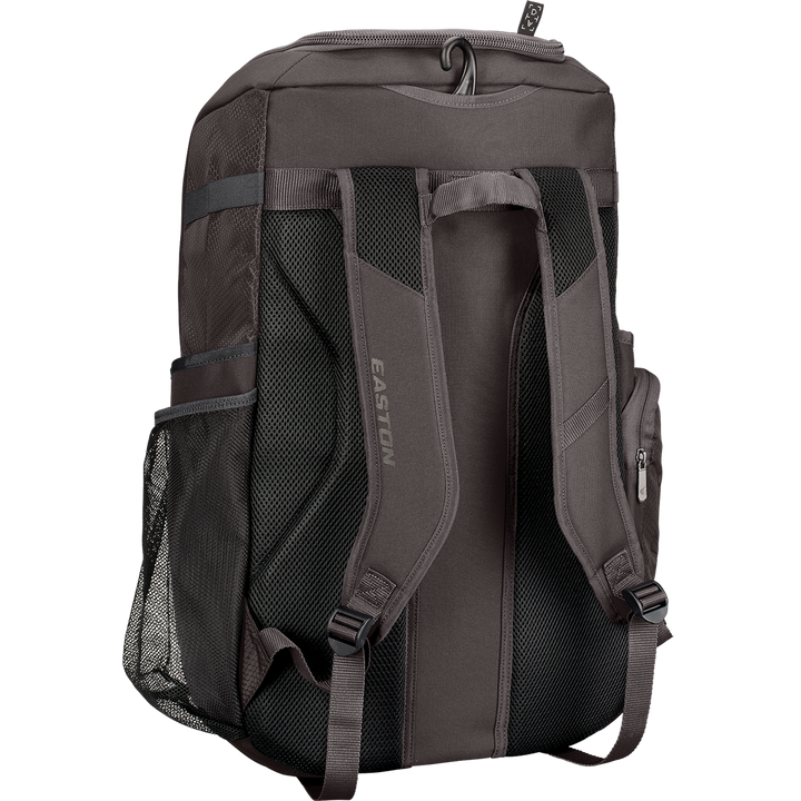 The Easton Roadhouse Backpack: EBA004 is a gray baseball/softball backpack with black mesh side pockets, adjustable padded shoulder straps, and a small zippered side pocket—shown from the back.