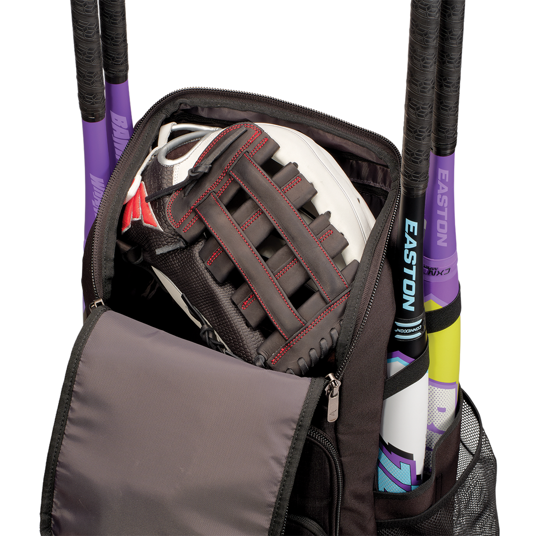 An open Easton Roadhouse Backpack (EBA004) reveals a black and white baseball glove inside, with three colorful bats sticking out of its compartments.