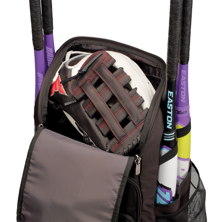 An open Easton Roadhouse Backpack (EBA004) reveals a black and white baseball glove inside, with three colorful bats sticking out of its compartments.