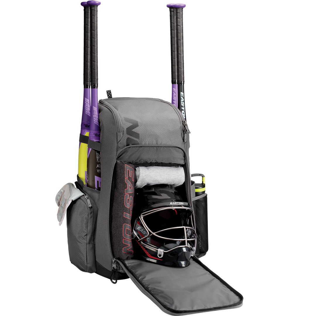 An Easton Roadhouse Backpack (EBA004) by Easton, packed with baseball bats and a helmet inside.