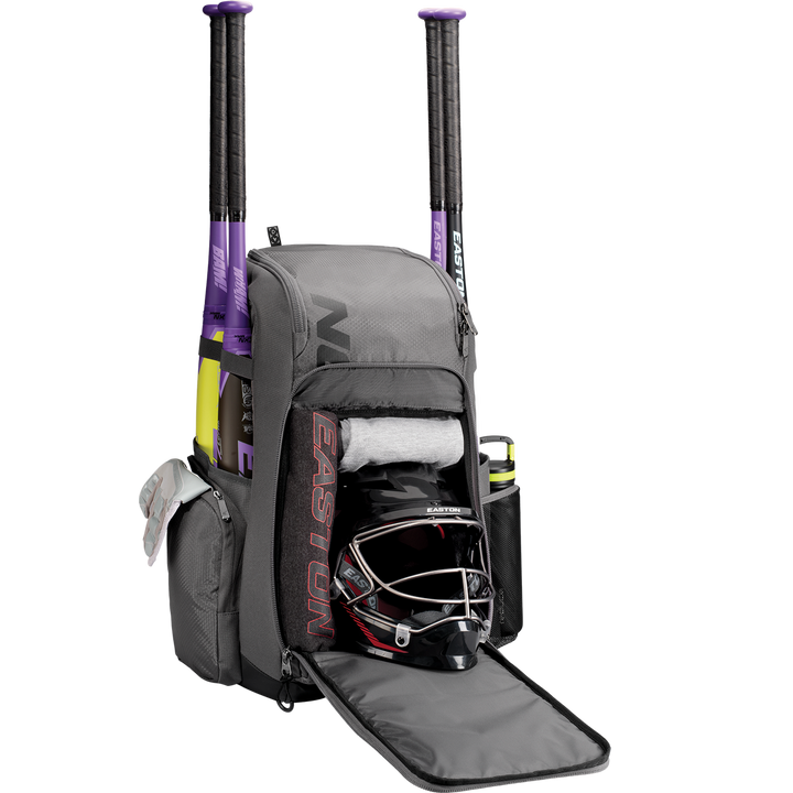 An Easton Roadhouse Backpack (EBA004) by Easton, packed with baseball bats and a helmet inside.