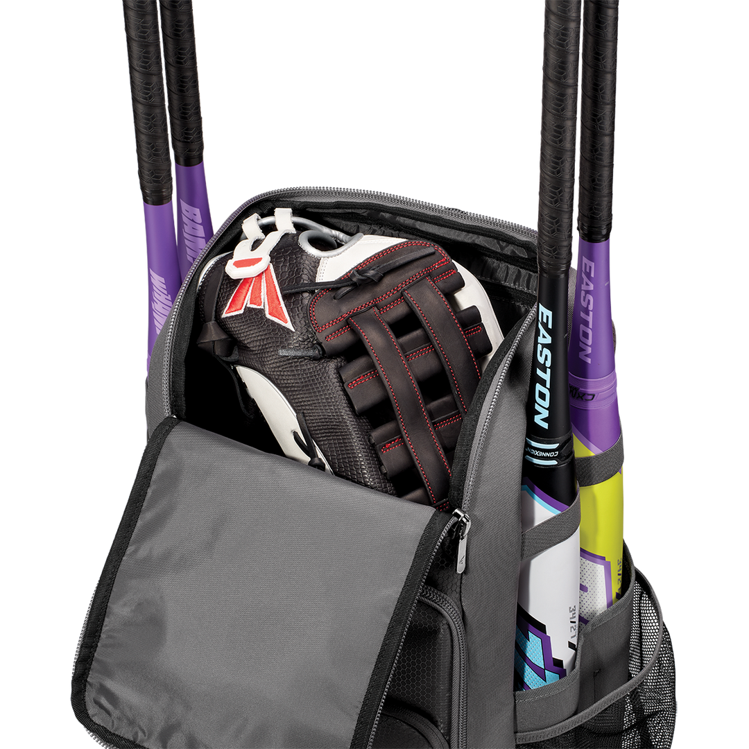 The Easton Roadhouse Backpack (EBA004) by Easton features an open main compartment showing a black baseball glove inside and holds three bats with colorful handles in side holders, making it the ideal slowpitch bat bag for any game.