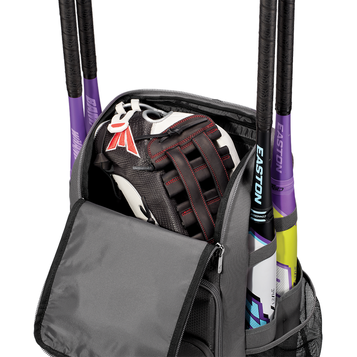 The Easton Roadhouse Backpack (EBA004) by Easton features an open main compartment showing a black baseball glove inside and holds three bats with colorful handles in side holders, making it the ideal slowpitch bat bag for any game.