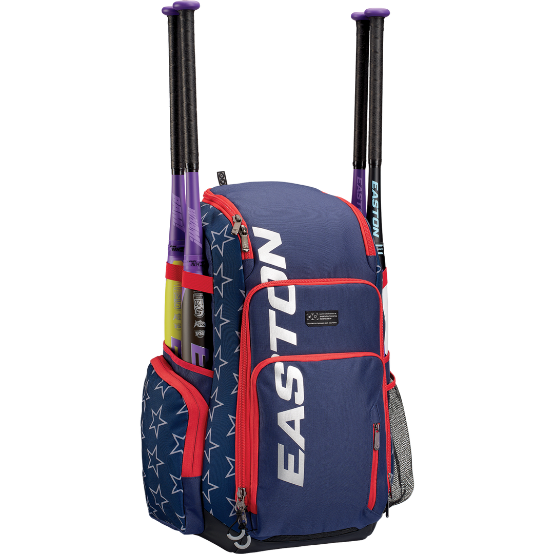 An Easton Roadhouse Backpack (EBA004) in blue and red with white stars on the side pocket, featuring two purple and black slowpitch bats in holders, and a mesh water bottle pocket on the right side.