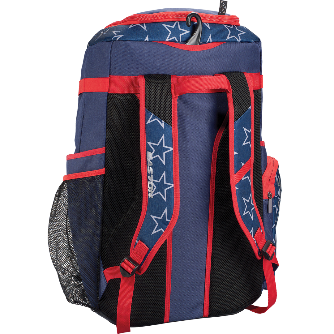 The Easton Roadhouse Backpack: EBA004 by Easton is a blue baseball/softball backpack with red straps and star pattern. It has a padded black mesh back, mesh side pockets, a zippered side pocket, and top handle—ideal for your gear.