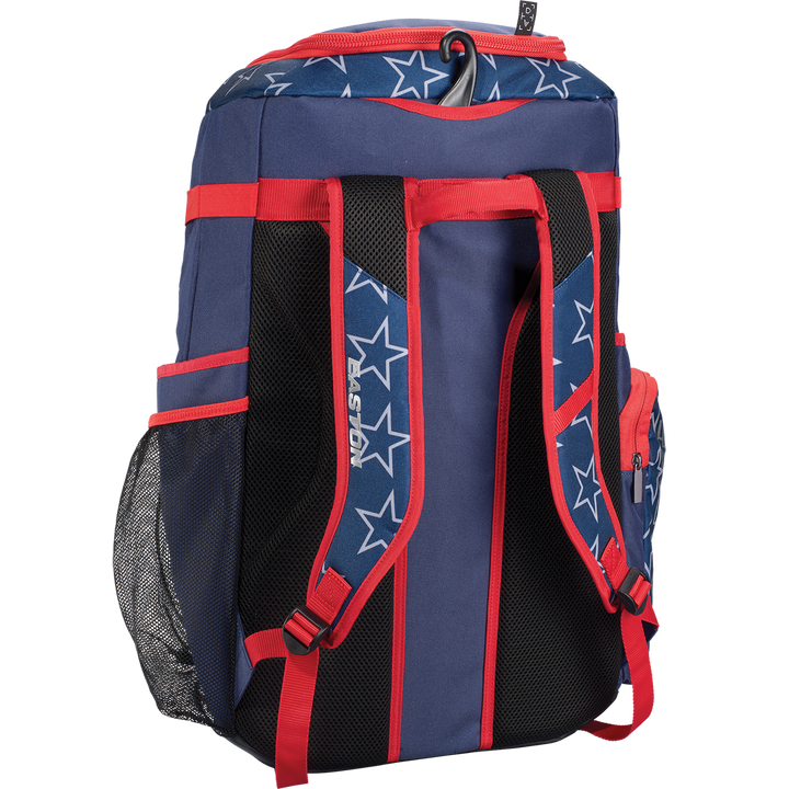 The Easton Roadhouse Backpack: EBA004 by Easton is a blue baseball/softball backpack with red straps and star pattern. It has a padded black mesh back, mesh side pockets, a zippered side pocket, and top handle—ideal for your gear.