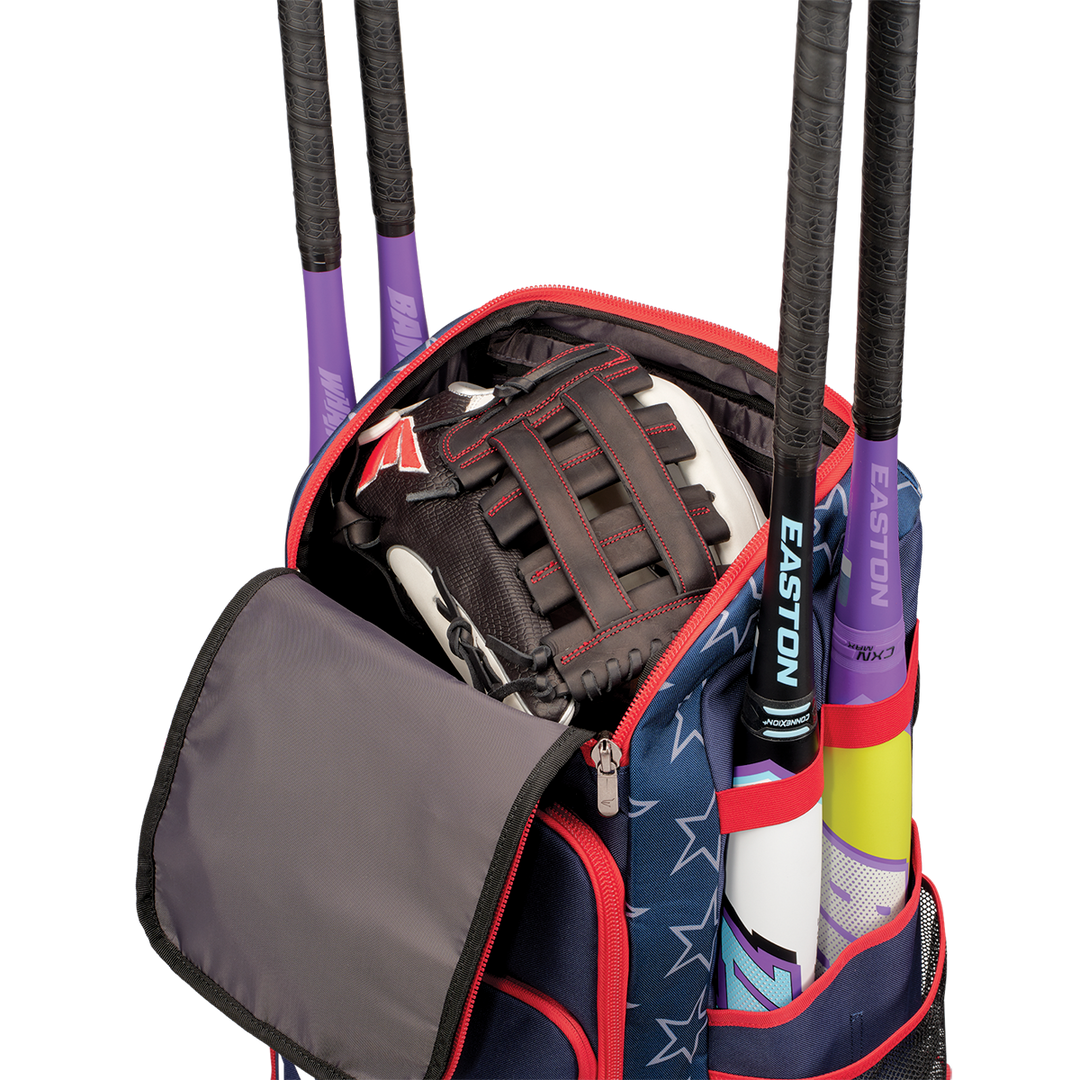 An Easton Roadhouse Backpack: EBA004 by Easton features a star pattern, holds a black glove with red stitching inside, and stores three colorful bats with black handles in exterior side sleeves. The slowpitch bag has a partially open zipper.