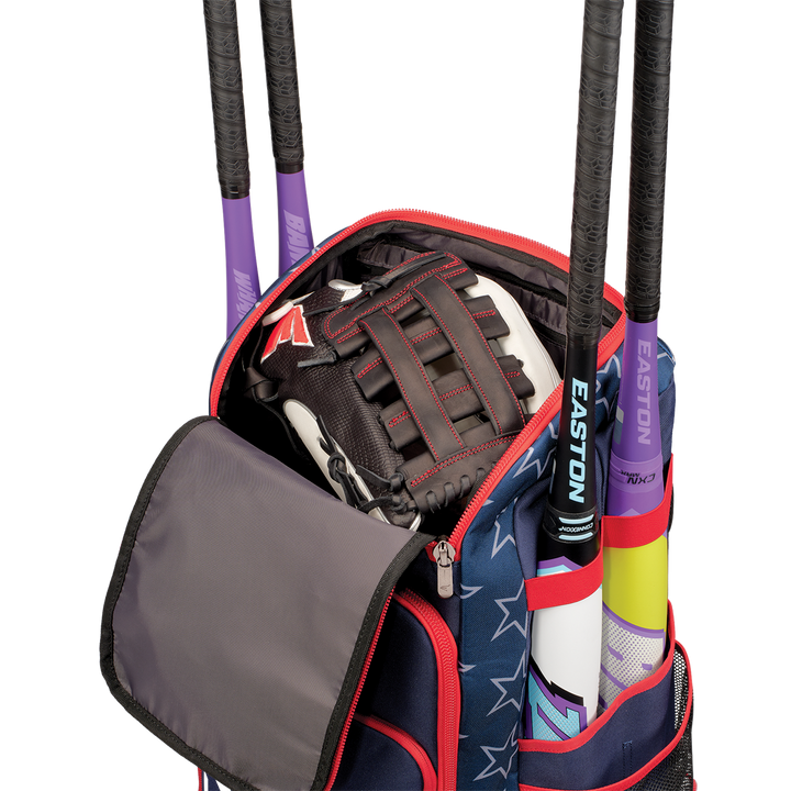 An Easton Roadhouse Backpack: EBA004 by Easton features a star pattern, holds a black glove with red stitching inside, and stores three colorful bats with black handles in exterior side sleeves. The slowpitch bag has a partially open zipper.