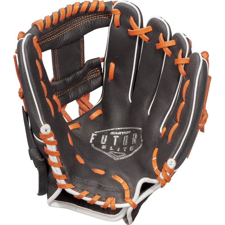 A black Easton Future Elite 11" youth baseball glove (FE11-BKOR) with orange lacing and white accents is open, showing its detailed stitching and designâideal for young players. Easton FUTURE ELITE is printed on the palm.