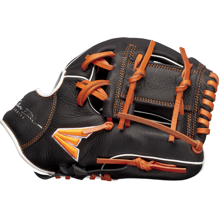 The Easton Future Elite 11" Baseball Glove (FE11-BKOR) features a black design with brown laces and orange accents, detailed stitching, and a partially closed webbing. Brand: Easton. Shown against a plain white background.